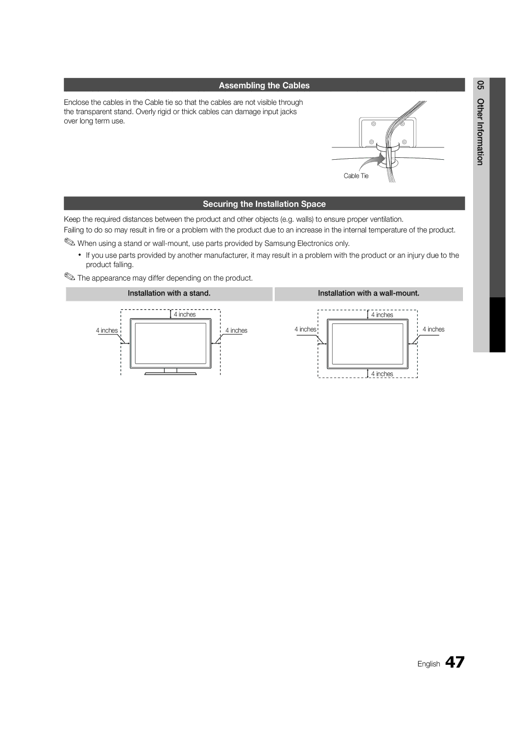 Samsung PN63C590, PN63C550, PN63C540 user manual Assembling the Cables, Securing the Installation Space, Inches 