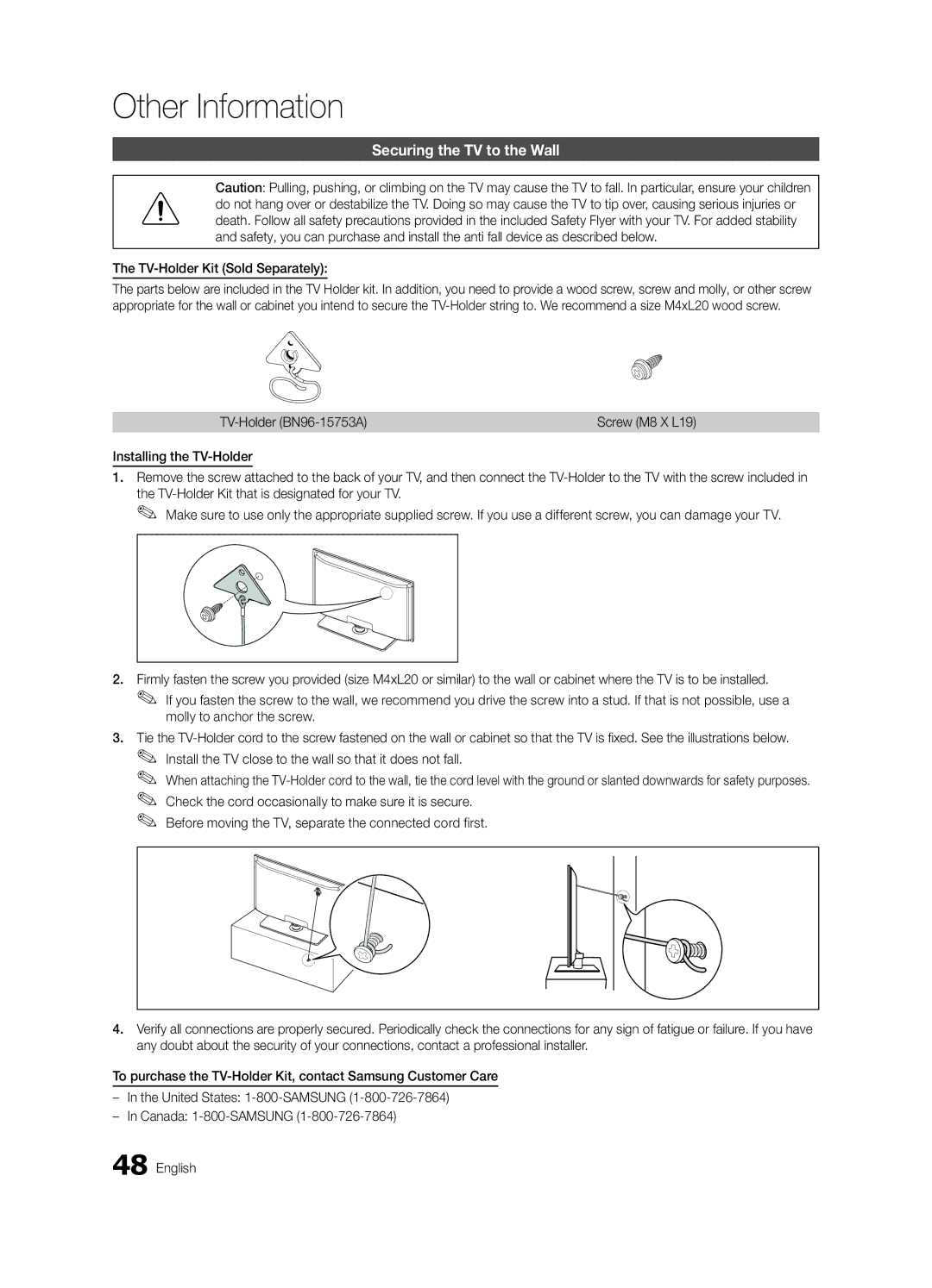 Samsung PN63C550 Securing the TV to the Wall, TV-Holder Kit Sold Separately, TV-Holder BN96-15753A, Screw M8 X L19 