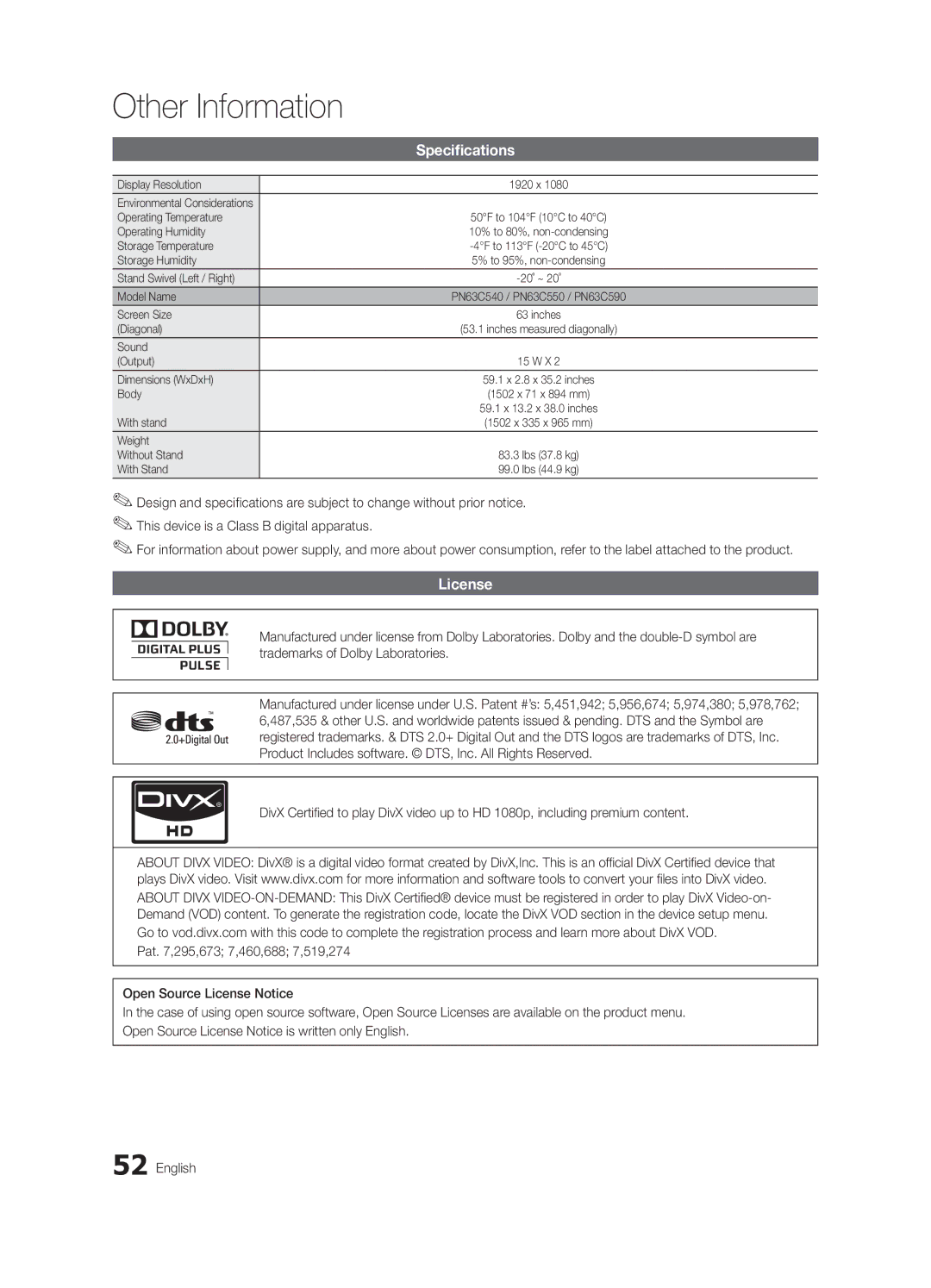 Samsung PN63C540, PN63C550, PN63C590 user manual Specifications, License 