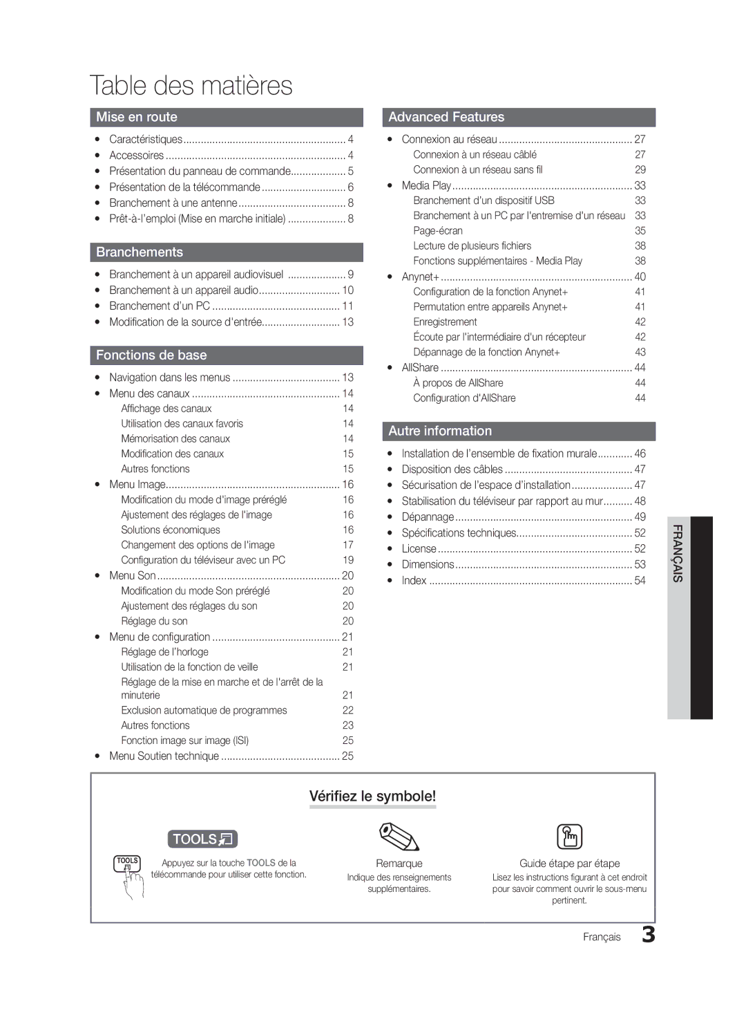 Samsung PN63C550, PN63C540, PN63C590 user manual Table des matières, Vérifiez le symbole 