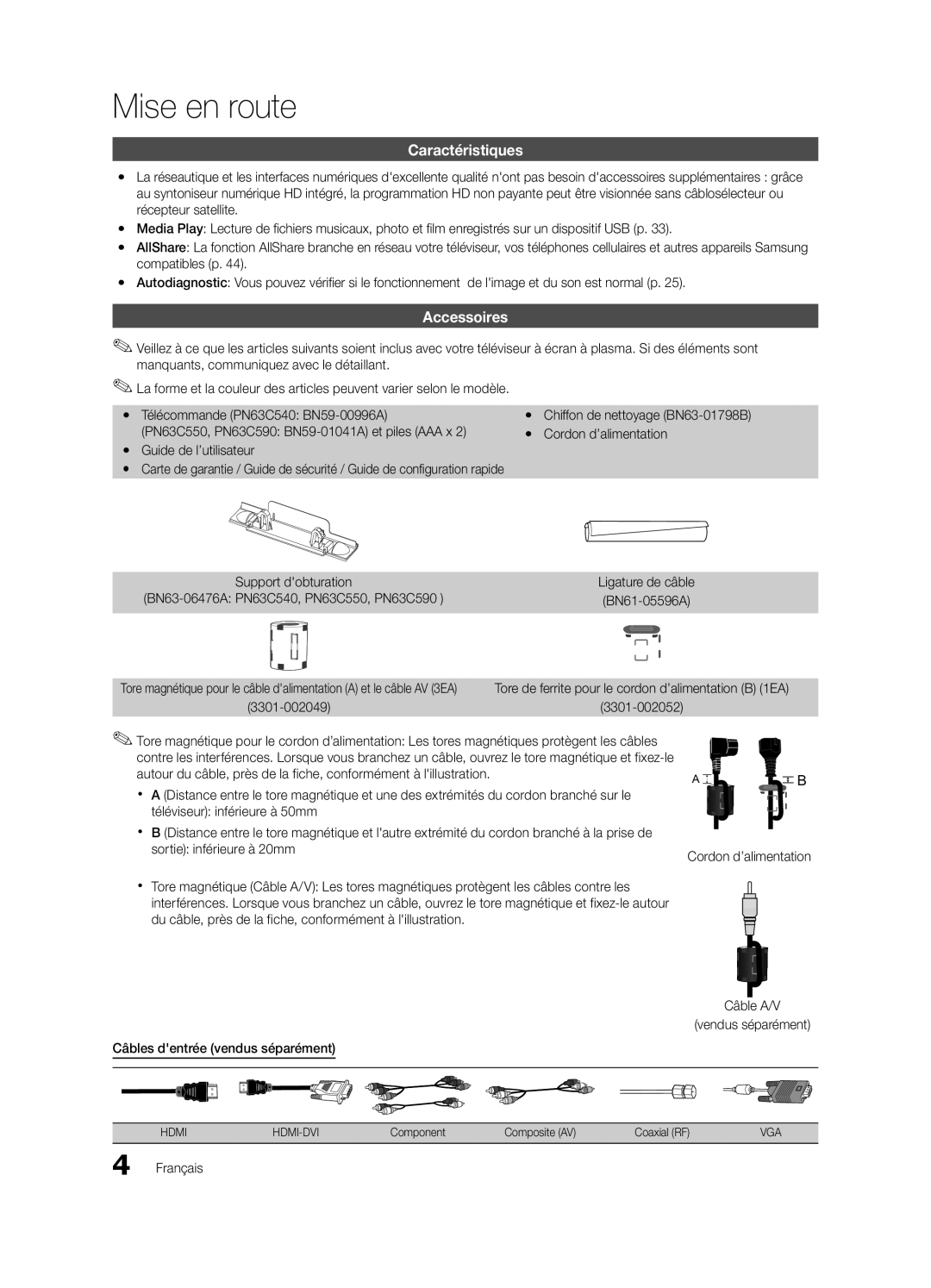 Samsung PN63C540, PN63C550, PN63C590 user manual Mise en route, Caractéristiques, Accessoires, Compatibles p 