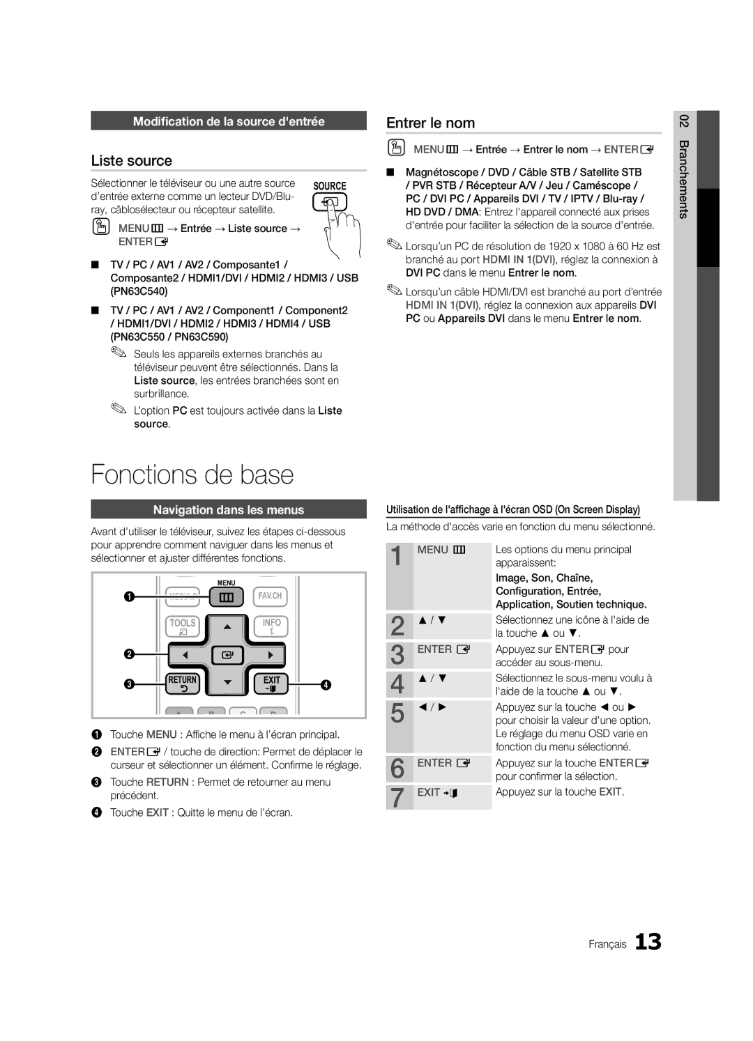 Samsung PN63C540, PN63C550, PN63C590 Fonctions de base, Liste source, Entrer le nom, Modification de la source dentrée 