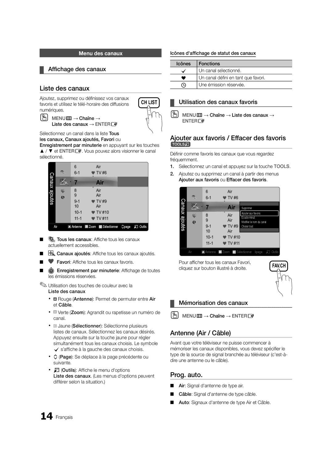 Samsung PN63C590, PN63C550, PN63C540 user manual Liste des canaux, Antenne Air / Câble, Prog. auto 