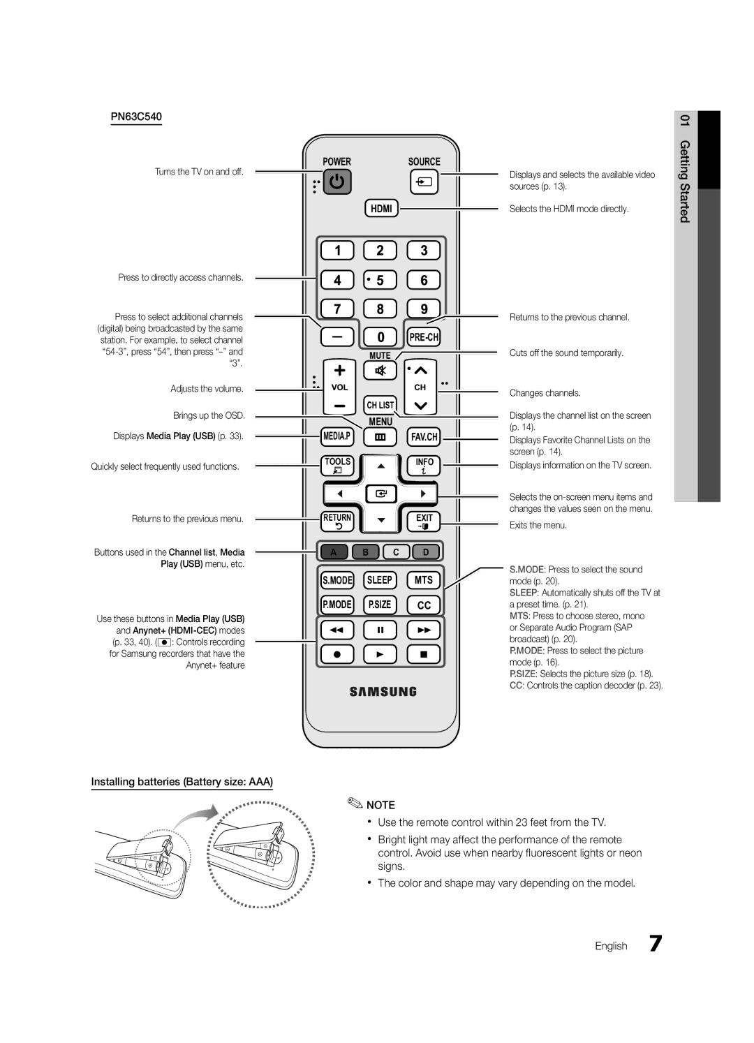 Samsung PN63C540, PN63C550, PN63C590 user manual Mode Press to select the picture mode p 