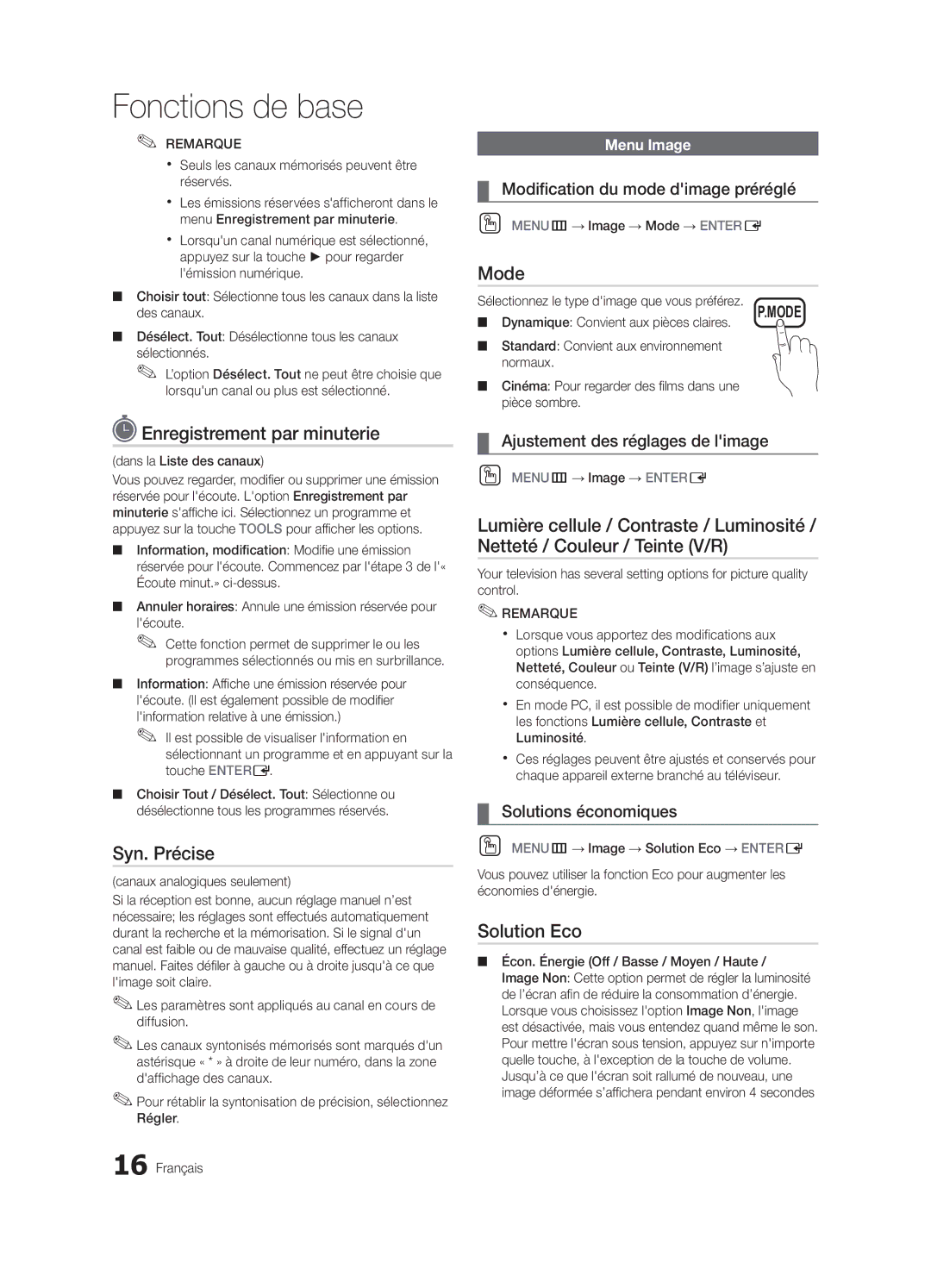 Samsung PN63C540, PN63C550, PN63C590 user manual Enregistrement par minuterie, Syn. Précise, Solution Eco 