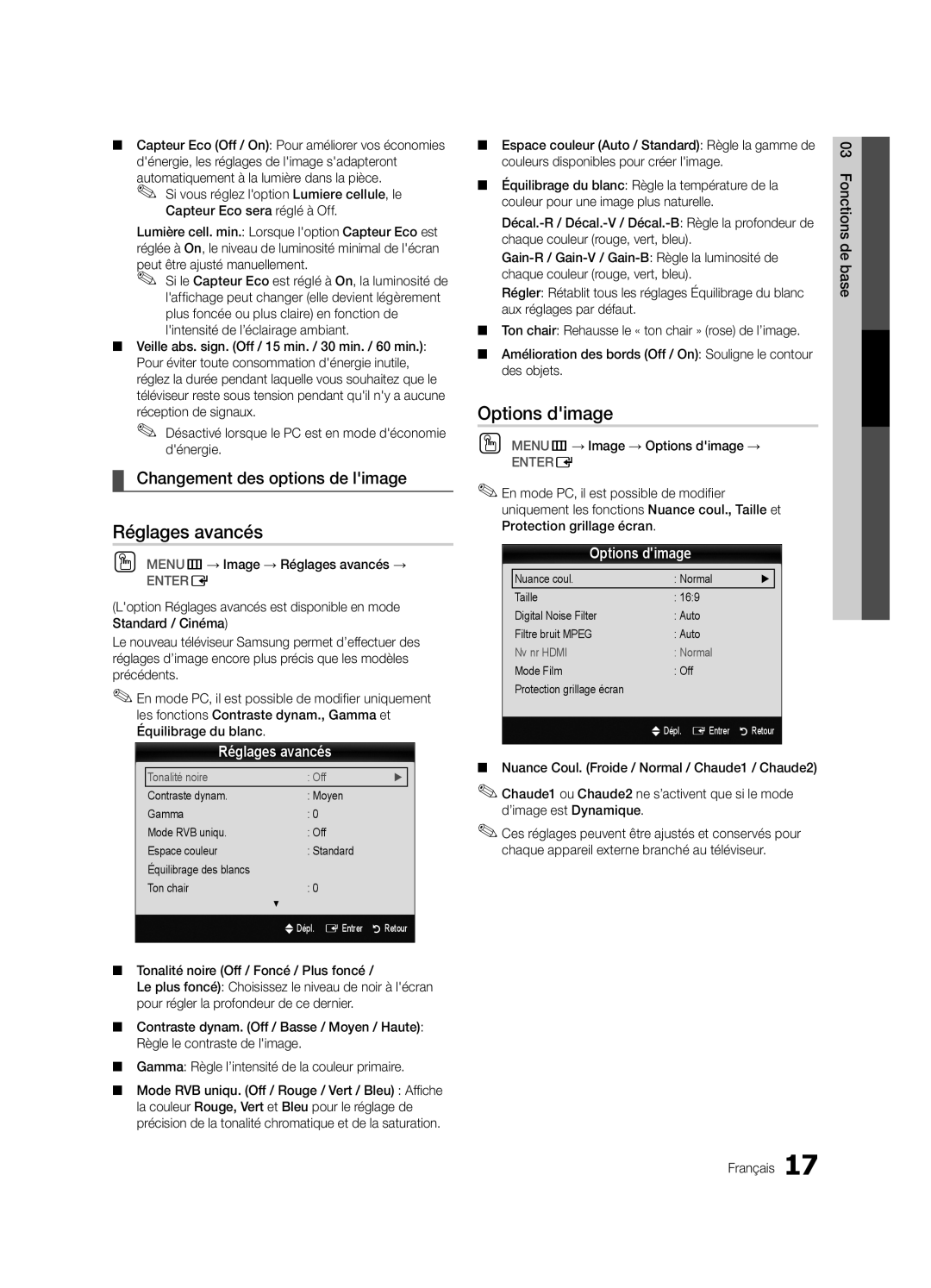 Samsung PN63C590, PN63C550, PN63C540 user manual Réglages avancés, Options dimage, Changement des options de limage 