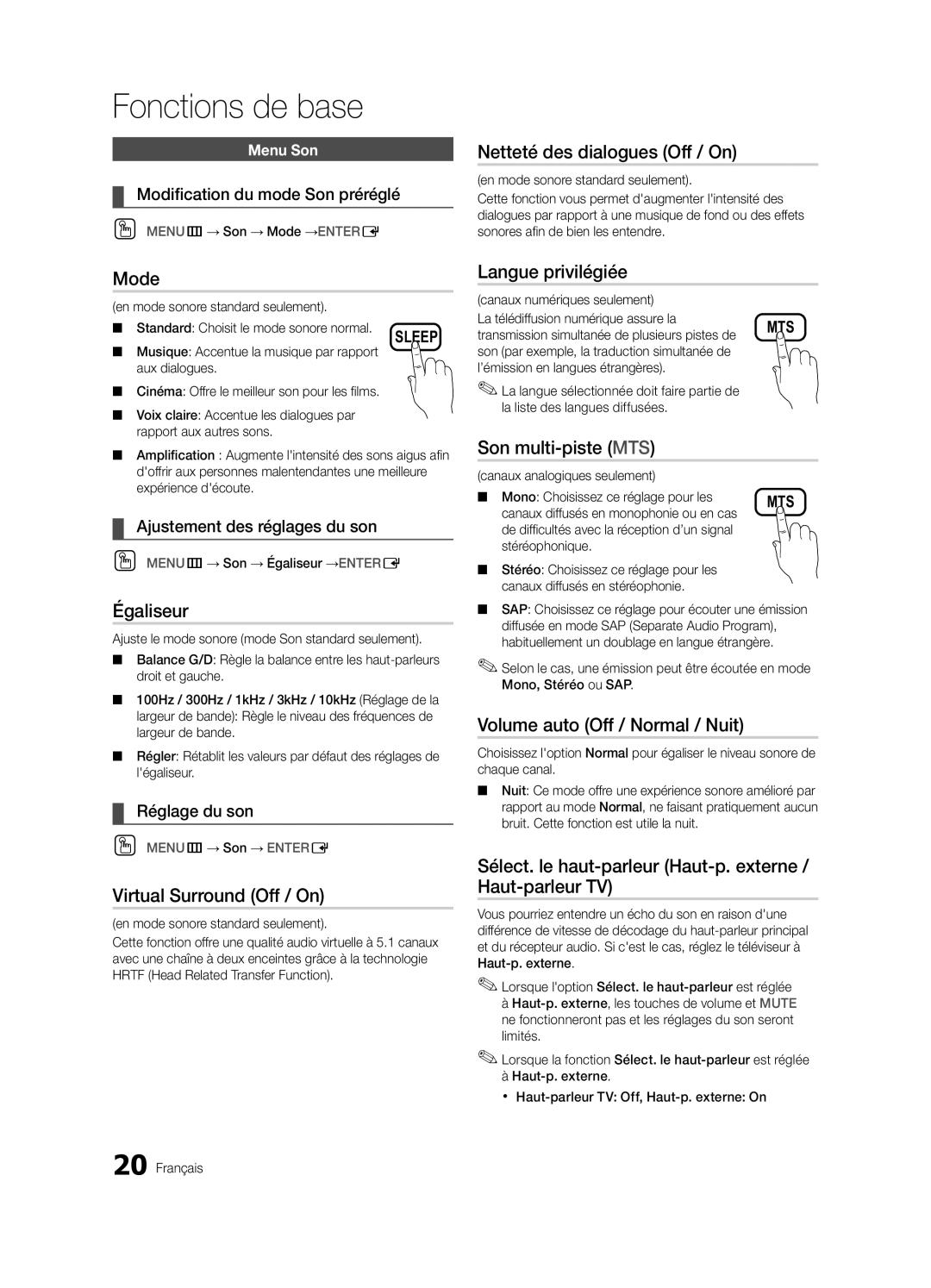 Samsung PN63C590, PN63C550, PN63C540 Netteté des dialogues Off / On, Égaliseur, Langue privilégiée, Son multi-piste MTS 