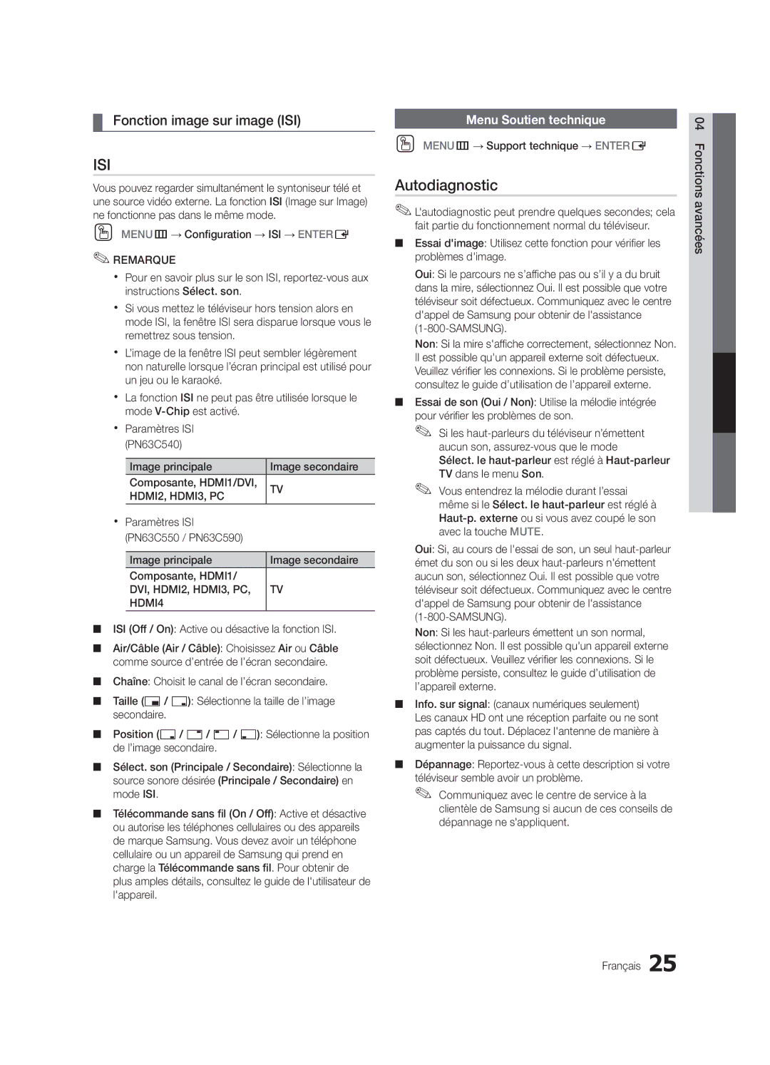 Samsung PN63C540, PN63C550, PN63C590 user manual Autodiagnostic, Fonction image sur image ISI, Menu Soutien technique 