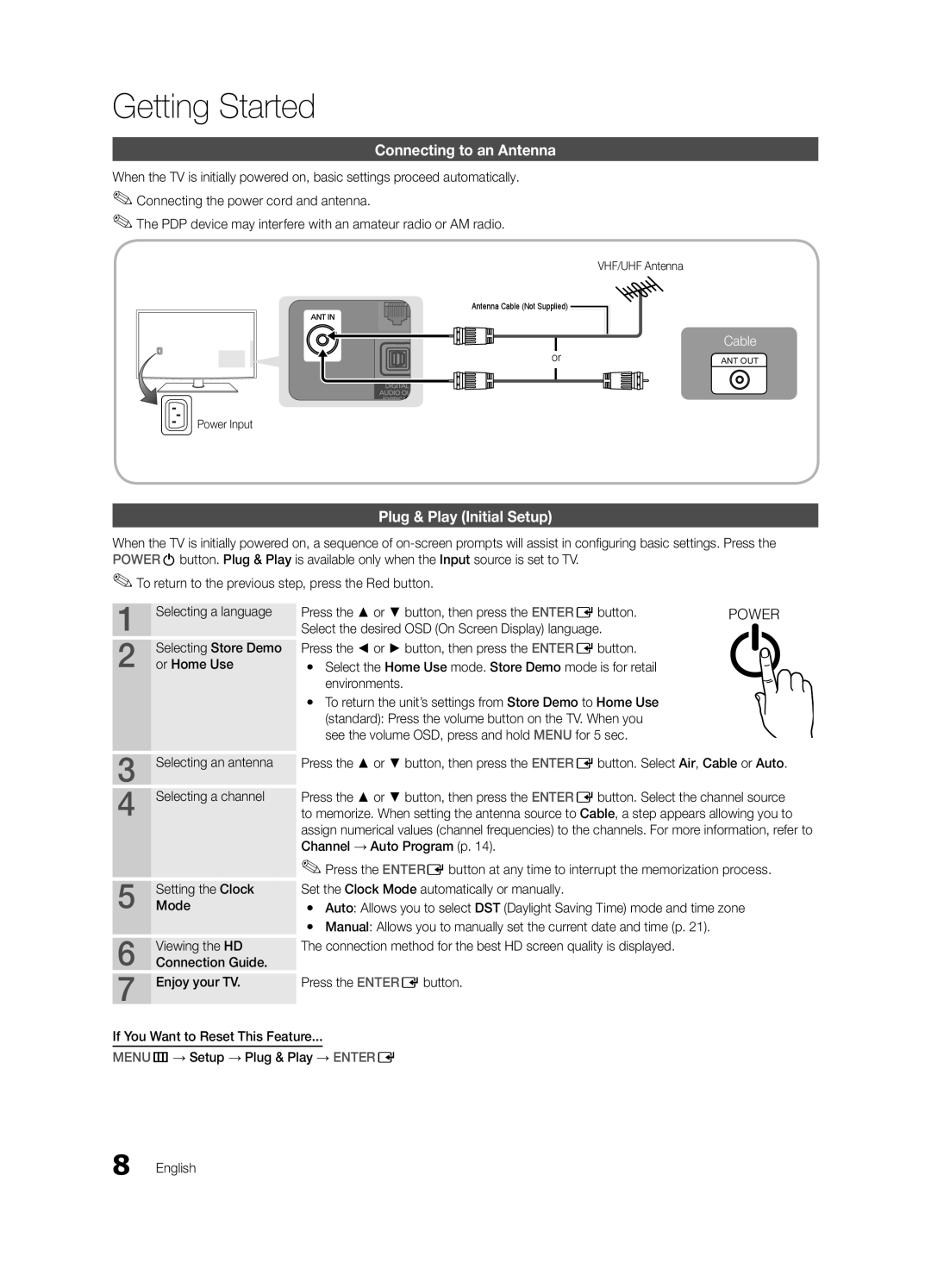 Samsung PN63C590 Connecting to an Antenna, Plug & Play Initial Setup, Press the or button, then press the ENTEREbutton 