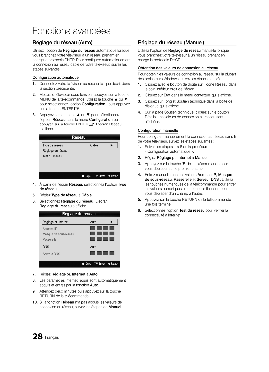 Samsung PN63C540, PN63C550, PN63C590 user manual Réglage du réseau Auto, Réglage du réseau Manuel, Réseau, Reglage du reseau 