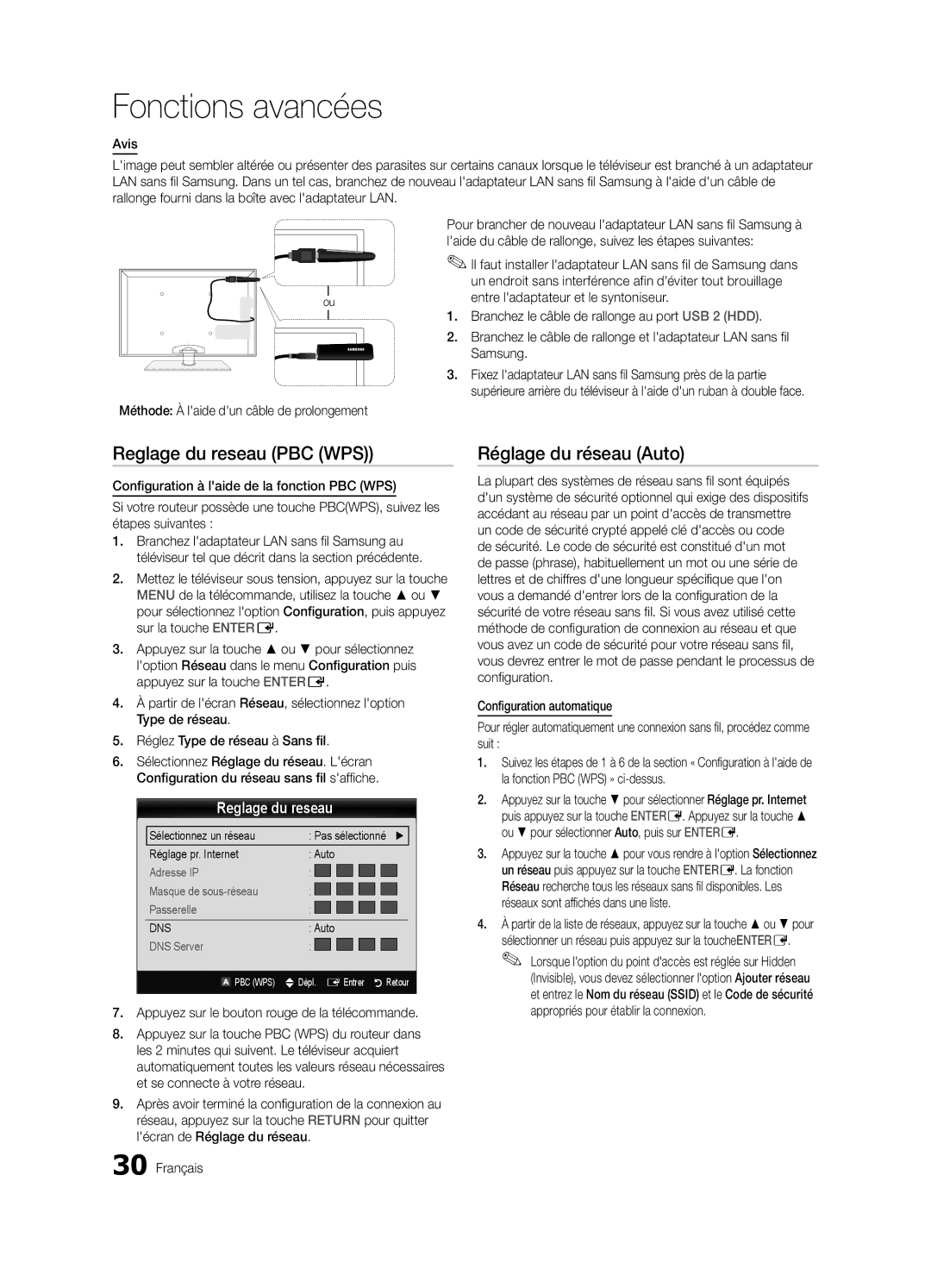 Samsung PN63C550, PN63C540, PN63C590 user manual Reglage du reseau PBC WPS, Appuyez sur le bouton rouge de la télécommande 