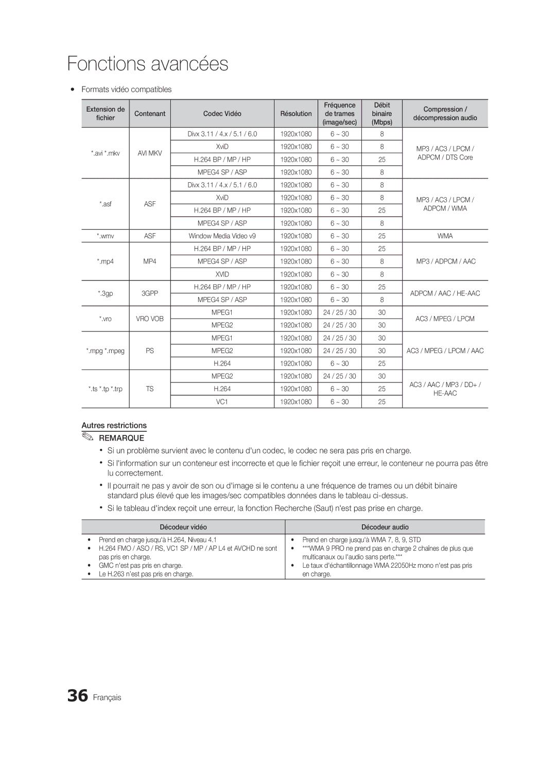 Samsung PN63C550, PN63C540, PN63C590 user manual Yy Formats vidéo compatibles, Extension de Fréquence Débit Compression 