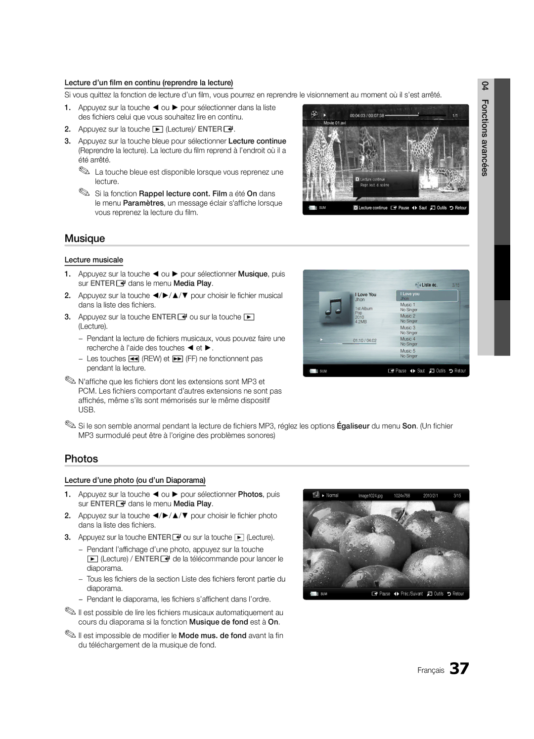 Samsung PN63C540, PN63C550, PN63C590 user manual Musique 