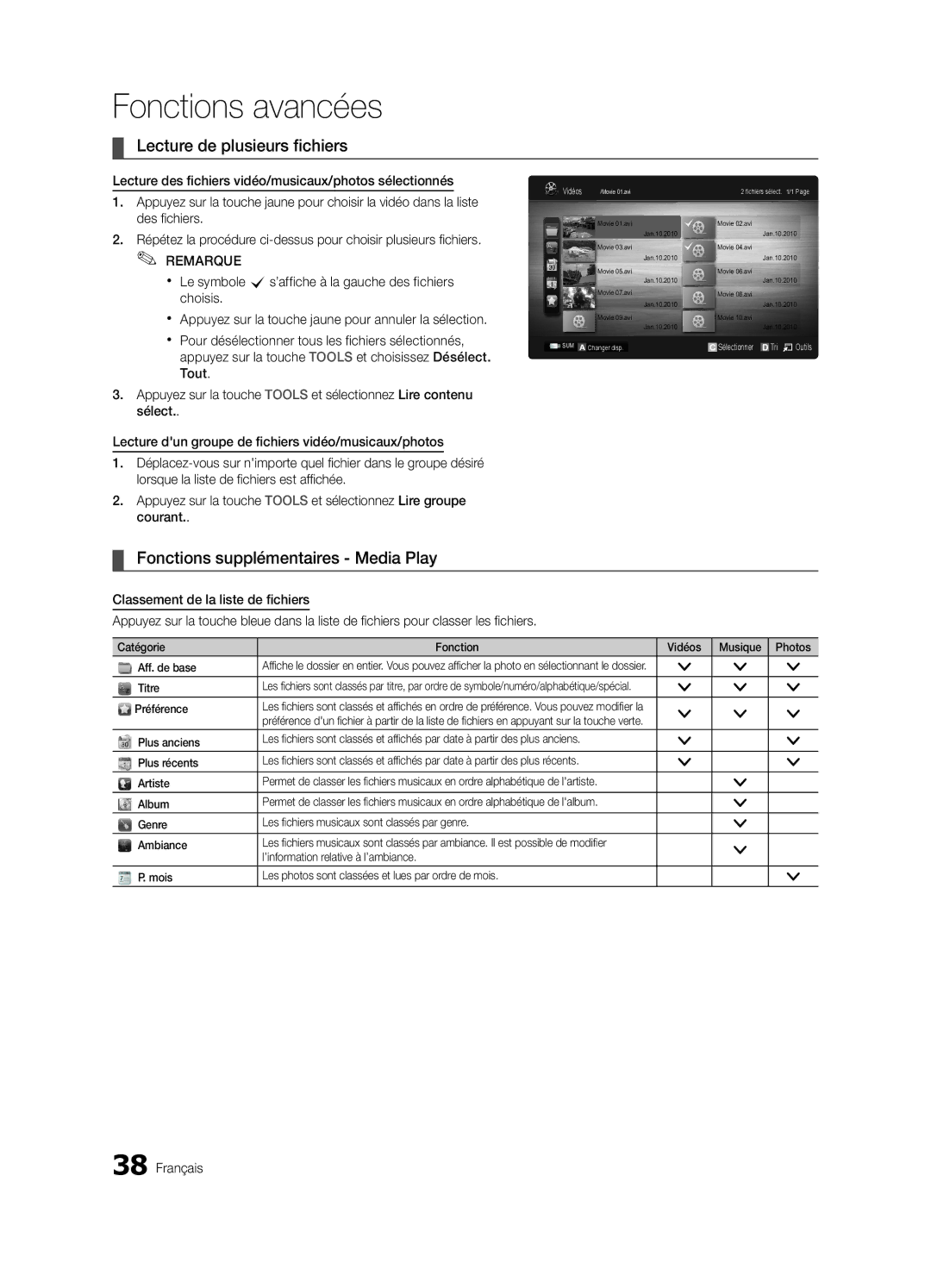 Samsung PN63C590, PN63C550, PN63C540 Lecture de plusieurs fichiers, Fonctions supplémentaires Media Play, Titre, Préférence 