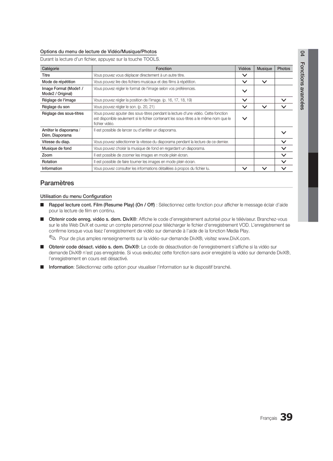 Samsung PN63C550, PN63C540, PN63C590 Paramètres, Utilisation du menu Configuration, Pour la lecture de film en continu 