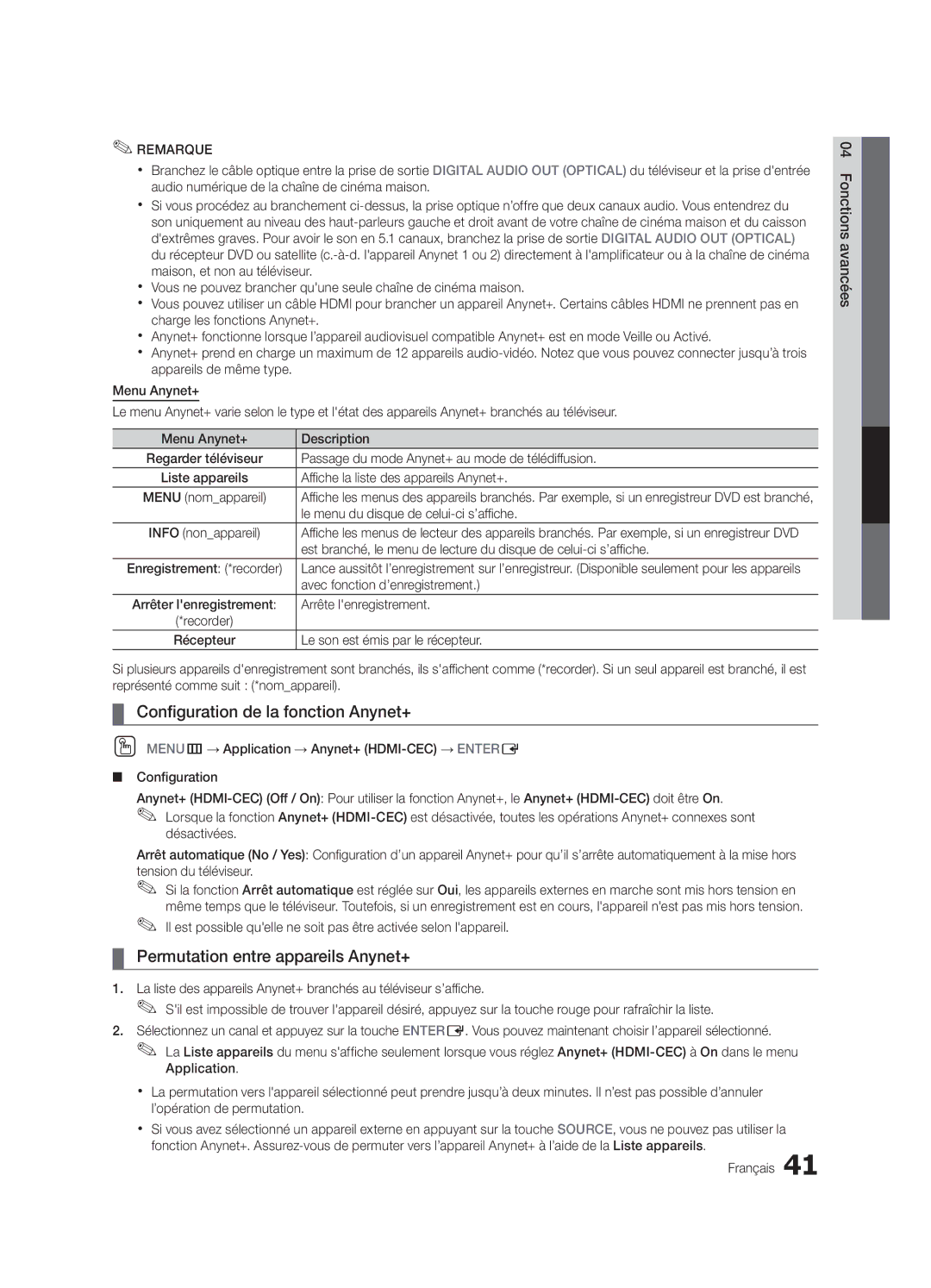 Samsung PN63C590, PN63C550, PN63C540 user manual Configuration de la fonction Anynet+, Permutation entre appareils Anynet+ 