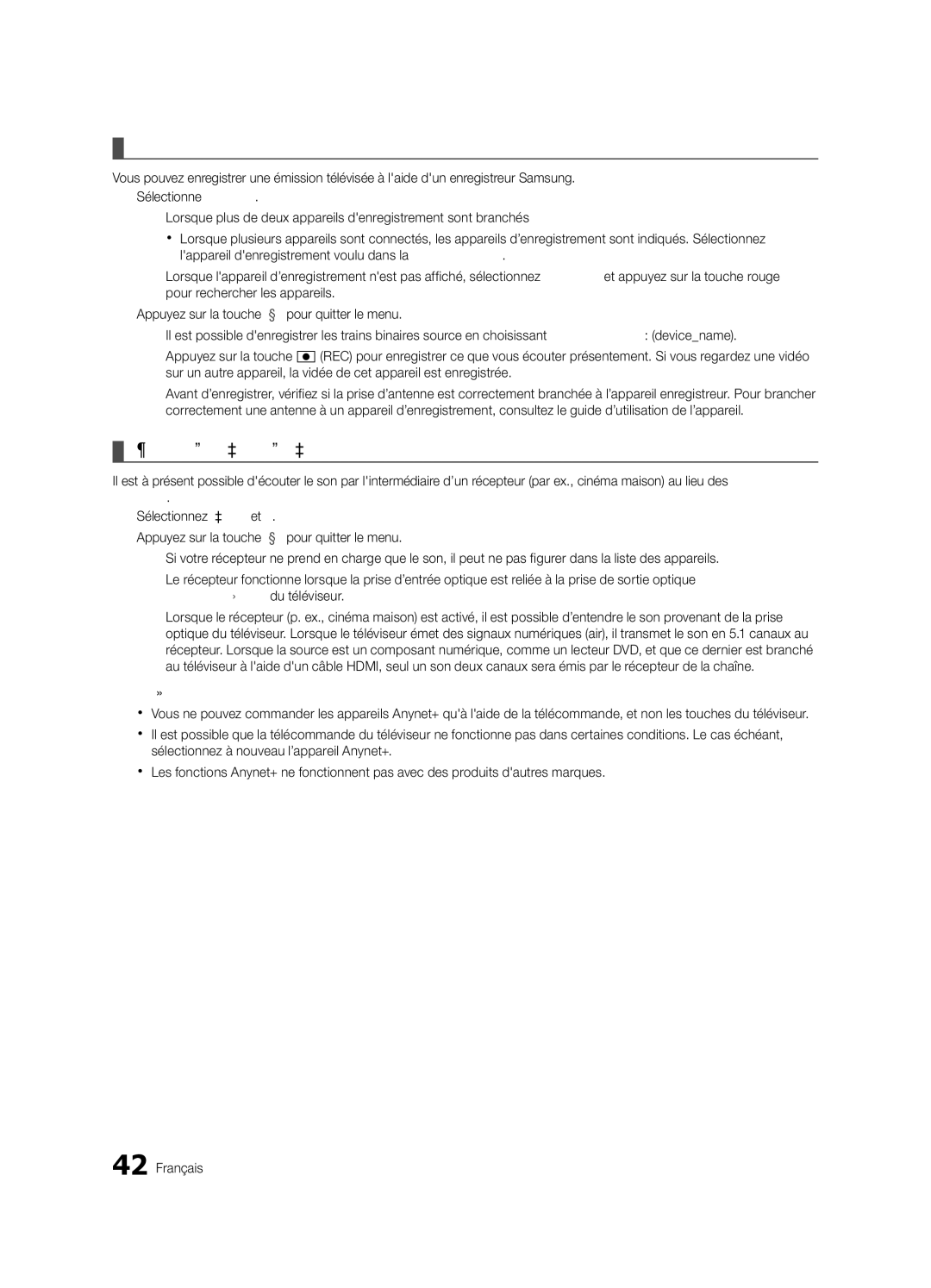 Samsung PN63C550, PN63C540, PN63C590 user manual Enregistrement, Écoute par lintermédiaire dun récepteur 