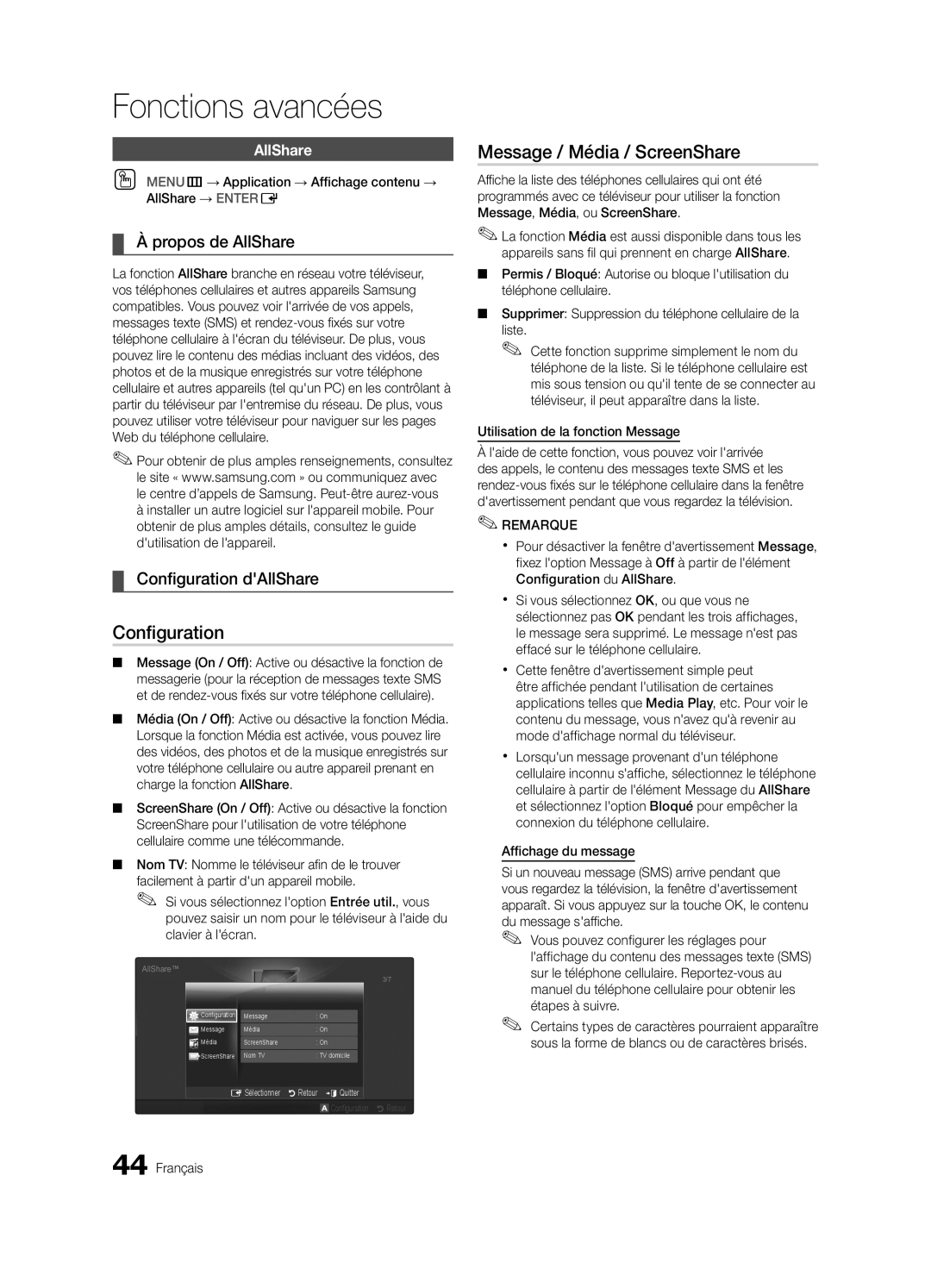 Samsung PN63C590, PN63C550, PN63C540 Message / Média / ScreenShare, Propos de AllShare, Configuration dAllShare 