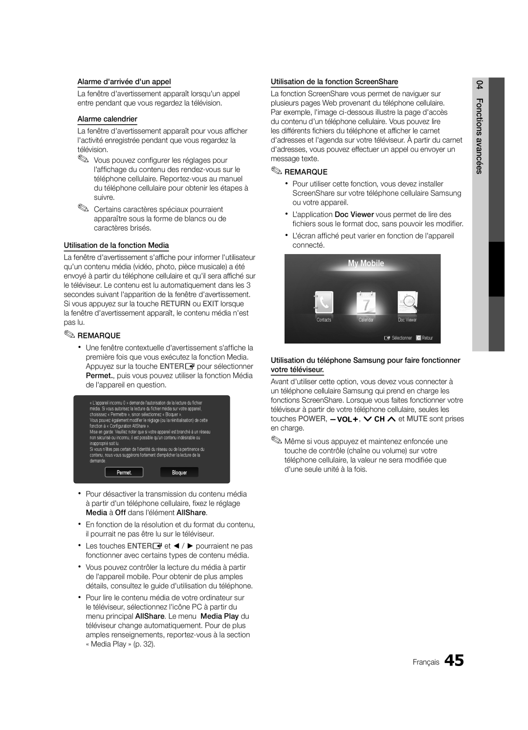 Samsung PN63C550, PN63C540, PN63C590 user manual My Mobile, Alarme darrivée dun appel 