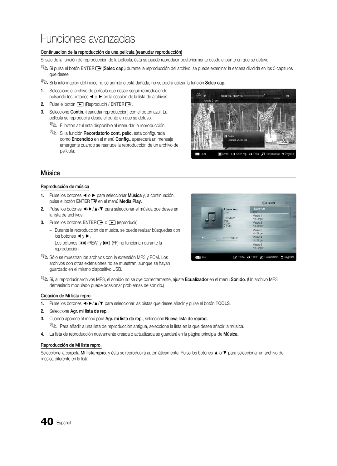 Samsung PN58C7000, PN63C7000, PN50C7000 user manual Música, Reproducción de música 