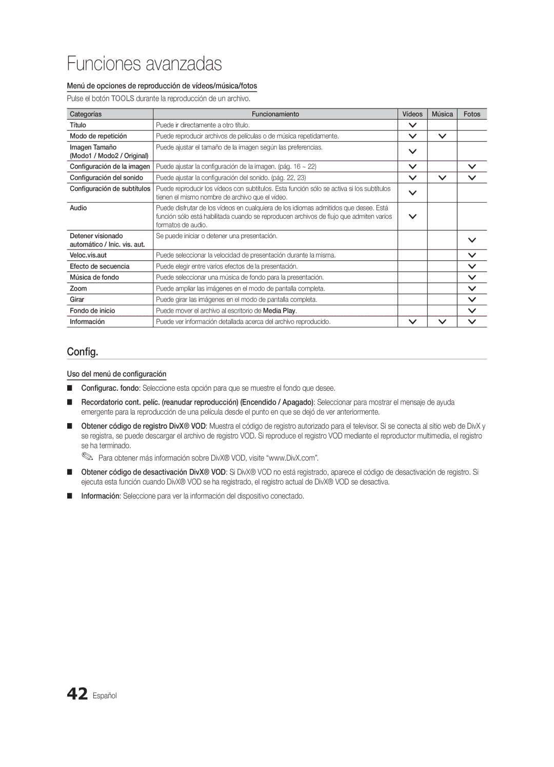 Samsung PN63C7000, PN58C7000, PN50C7000 user manual Config, Tienen el mismo nombre de archivo que el vídeo Audio 