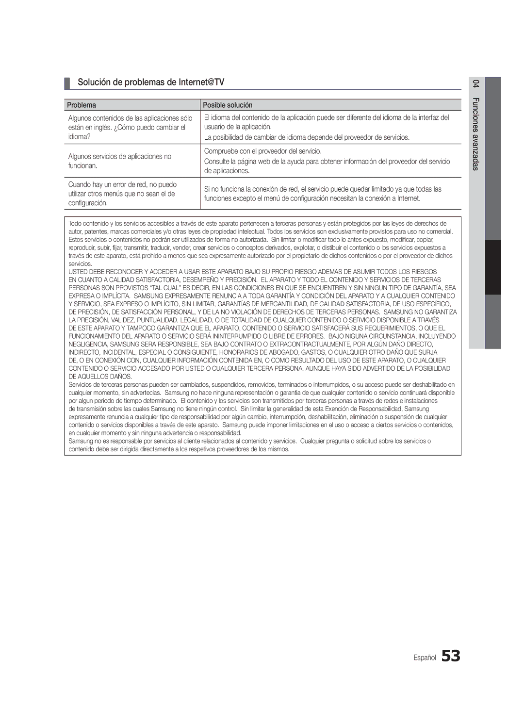 Samsung PN50C7000, PN63C7000, PN58C7000 user manual Solución de problemas de Internet@TV 