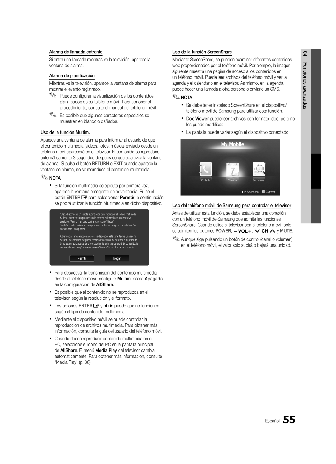 Samsung PN58C7000, PN63C7000, PN50C7000 user manual Uso de la función Multim, Uso de la función ScreenShare 