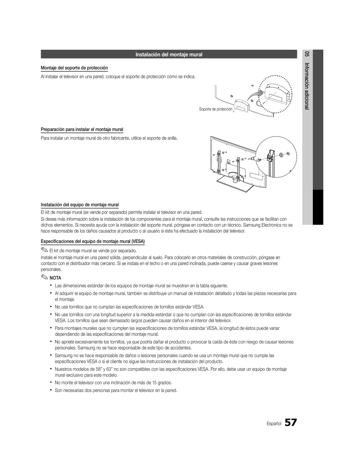 Samsung PN63C7000, PN58C7000, PN50C7000 user manual Instalación del montaje mural, Soporte de protección 