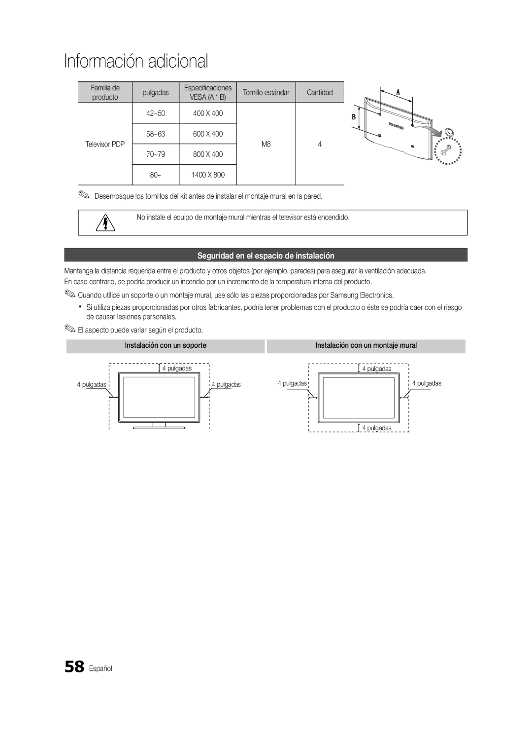 Samsung PN58C7000, PN63C7000, PN50C7000 user manual Seguridad en el espacio de instalación, Familia de Pulgadas, Cantidad 