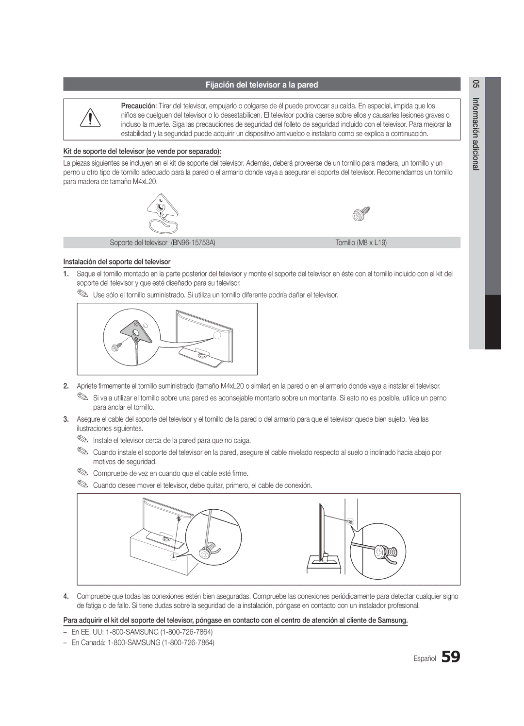 Samsung PN50C7000, PN63C7000 Fijación del televisor a la pared, Soporte del televisor BN96-15753A, Para anclar el tornillo 