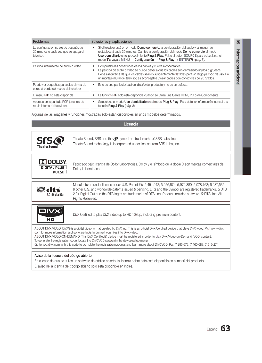 Samsung PN63C7000, PN58C7000, PN50C7000 user manual Licencia, Rótulo interno del televisor Función Plug & Play pág 