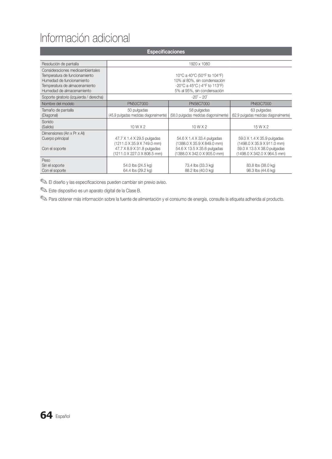 Samsung PN58C7000, PN63C7000, PN50C7000 user manual Especificaciones 