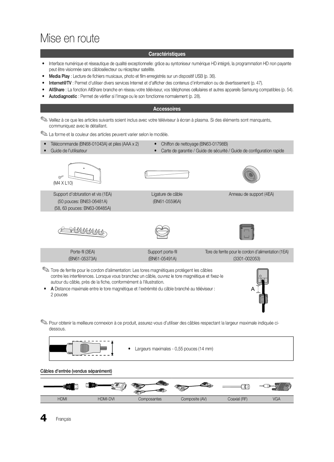 Samsung PN58C7000 Mise en route, Caractéristiques, Accessoires, Chiffon de nettoyage BN63-01798B, Guide de l’utilisateur 