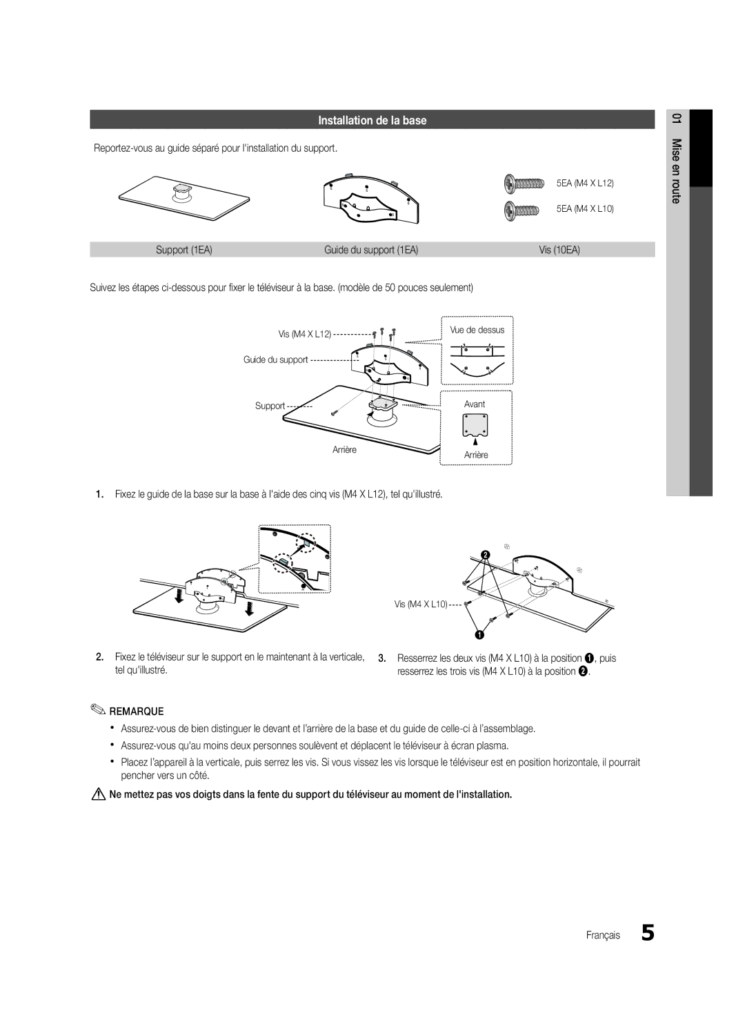 Samsung PN50C7000 Installation de la base, Vis 10EA, Guide du support Support Avant 5EA M4 X L12 5EA M4 X L10, Arrière 