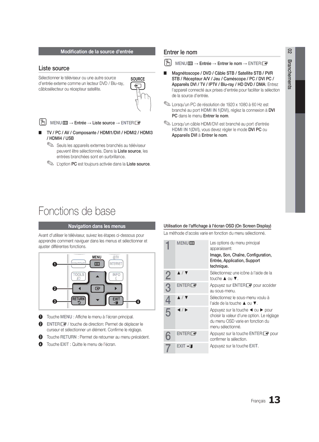 Samsung PN58C7000, PN63C7000, PN50C7000 Fonctions de base, Liste source, Entrer le nom, Modification de la source dentrée 