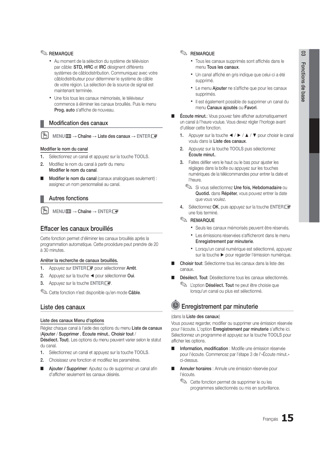 Samsung PN63C7000 Effacer les canaux brouillés, Enregistrement par minuterie, Modification des canaux, Autres fonctions 