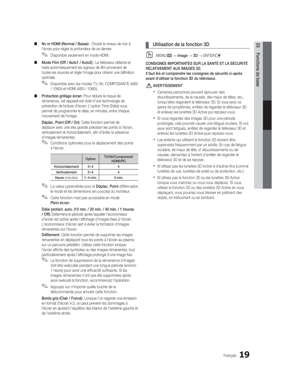 Samsung PN58C7000, PN63C7000 Utilisation de la fonction 3D, Cette fonction n’est pas accessible en mode Plein écran 