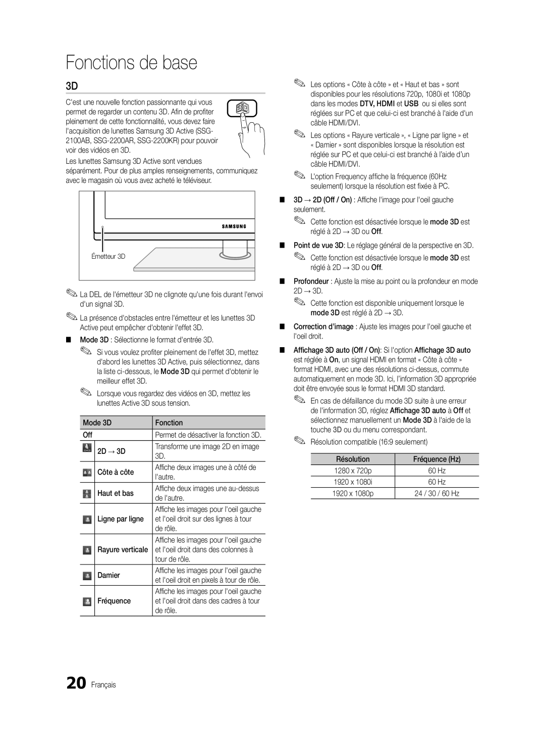 Samsung PN50C7000 Cest une nouvelle fonction passionnante qui vous, Mode 3D Sélectionne le format dentrée 3D, Côte à côte 