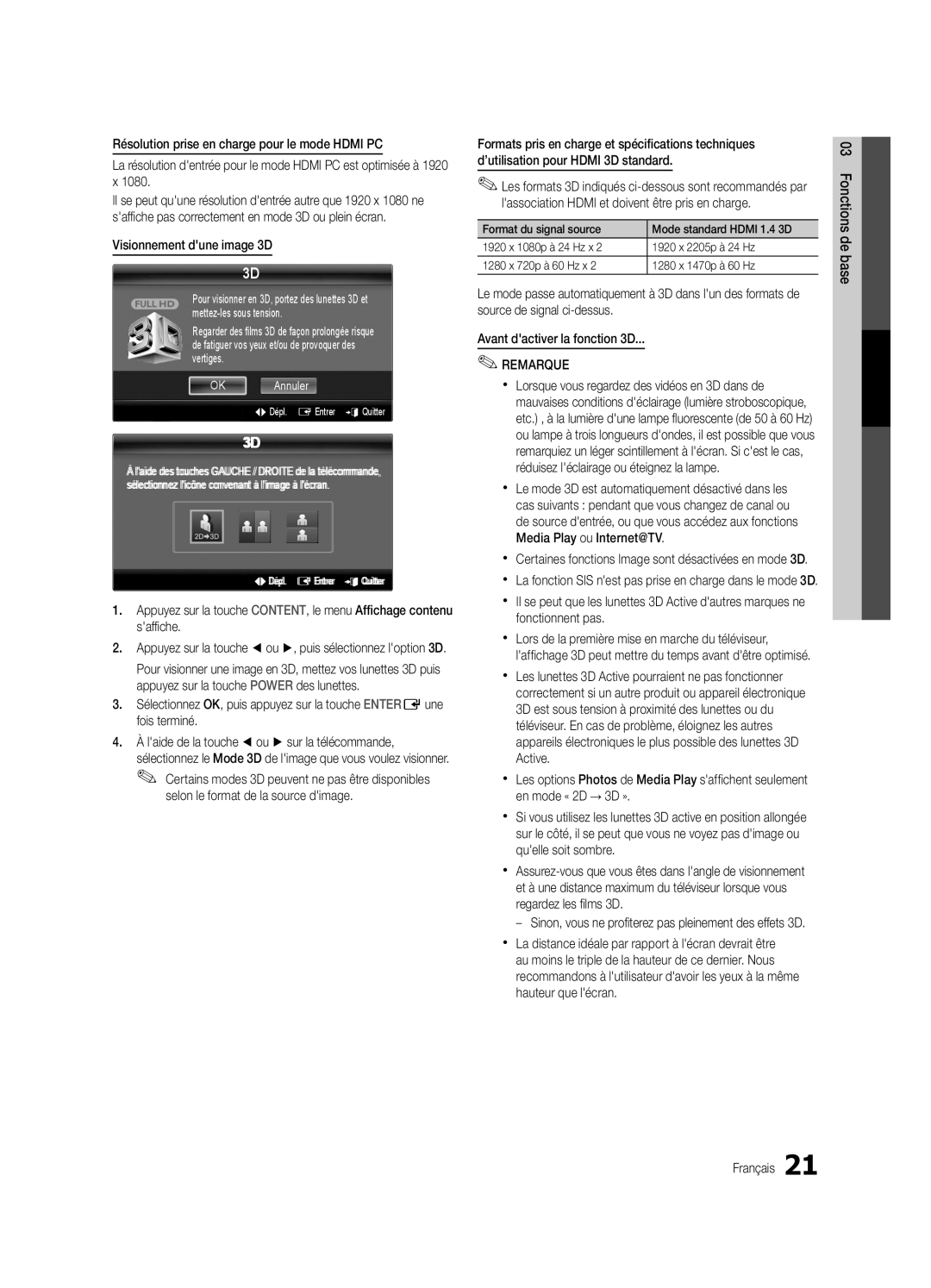 Samsung PN63C7000, PN58C7000, PN50C7000 user manual Visionnement dune image 3D, Selon le format de la source dimage 