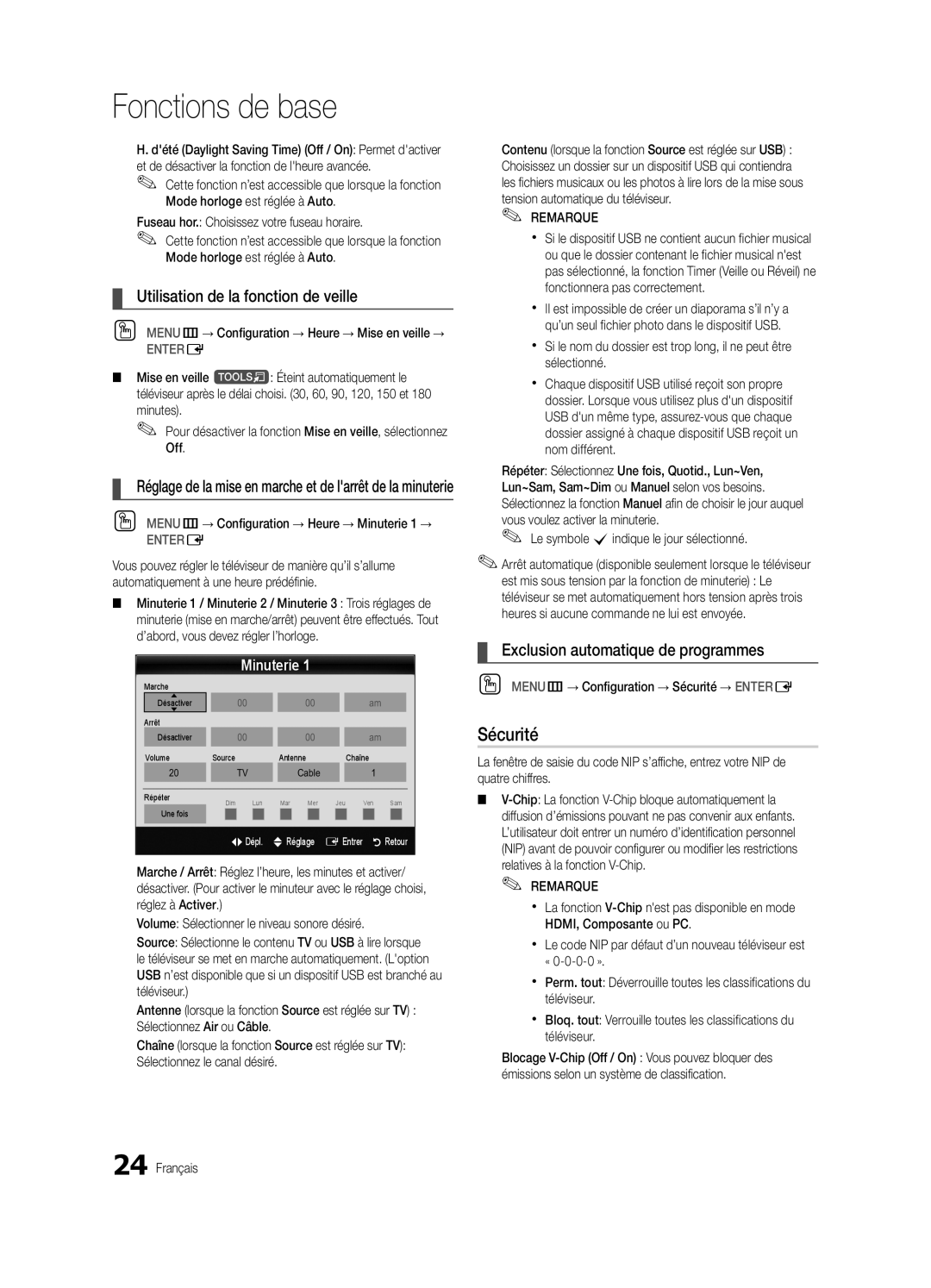 Samsung PN63C7000 Sécurité, Utilisation de la fonction de veille, Exclusion automatique de programmes, Minuterie 