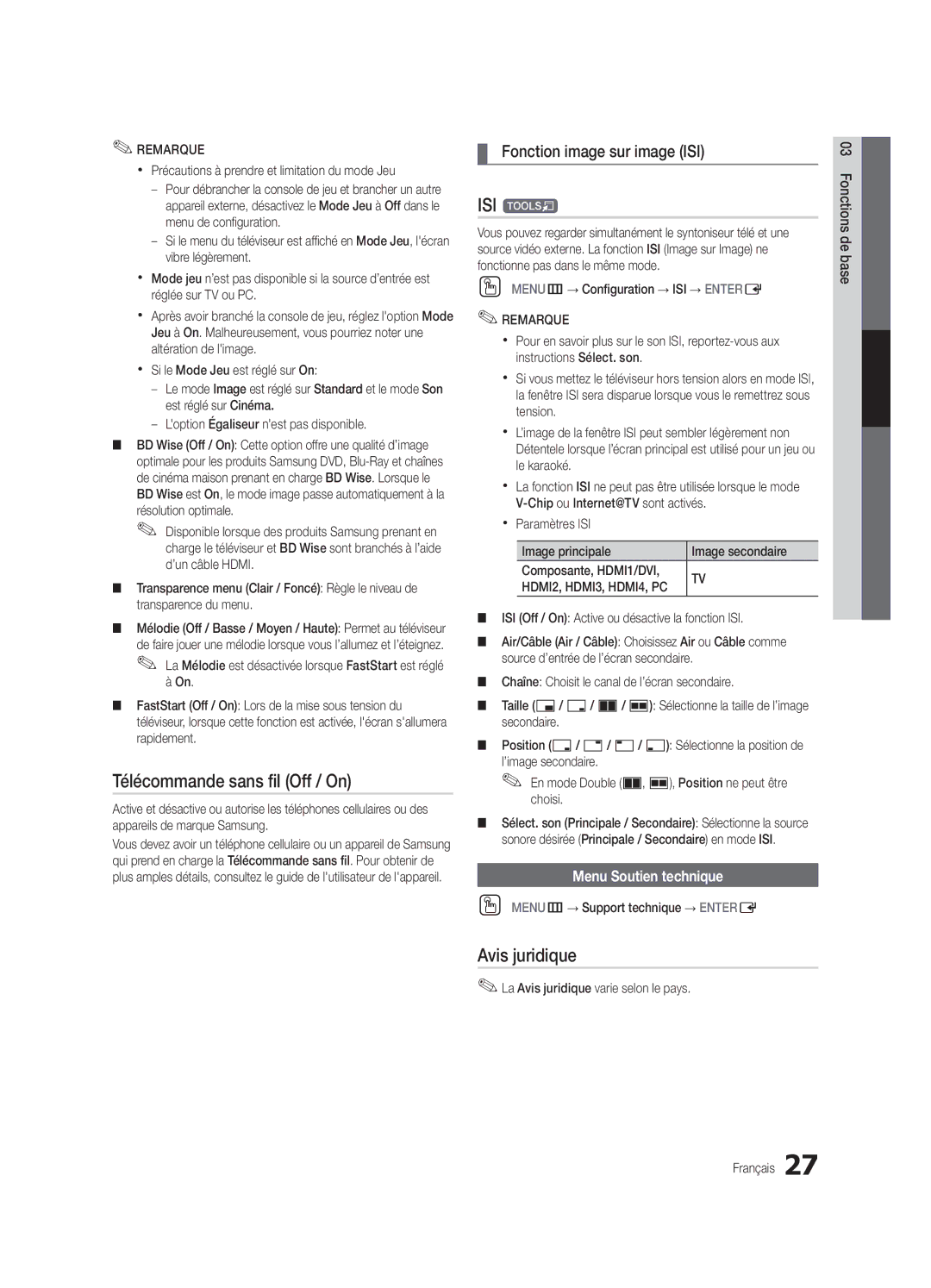 Samsung PN63C7000, PN58C7000, PN50C7000 Télécommande sans fil Off / On, ISI t, Avis juridique, Fonction image sur image ISI 