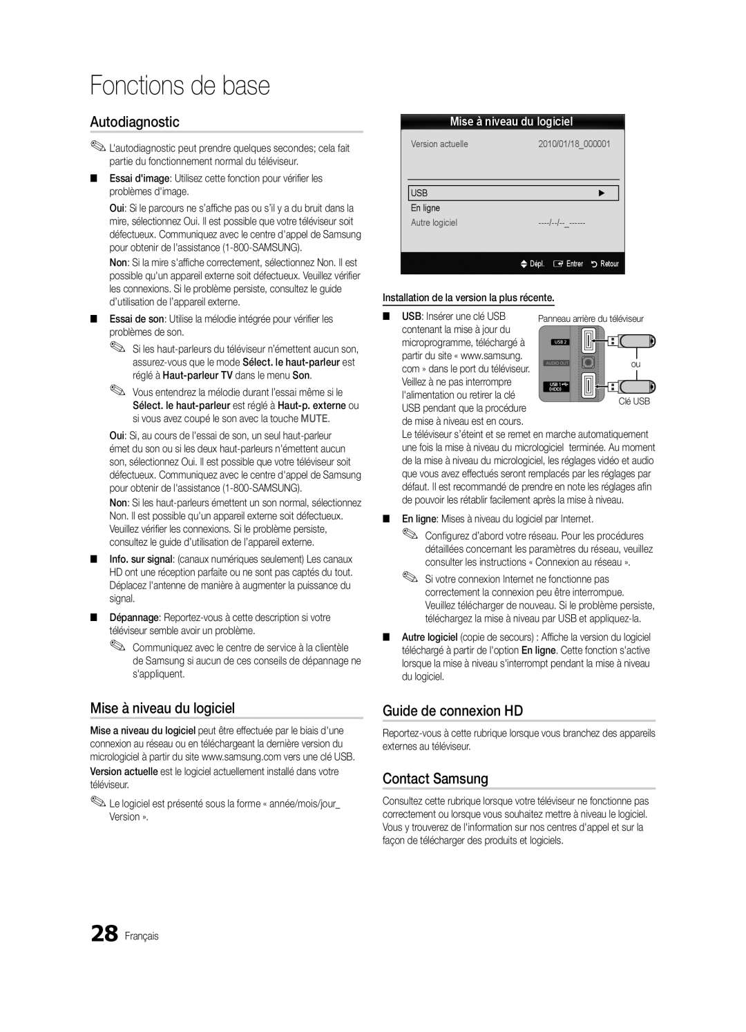 Samsung PN58C7000, PN63C7000, PN50C7000 user manual Autodiagnostic, Mise à niveau du logiciel, Guide de connexion HD 