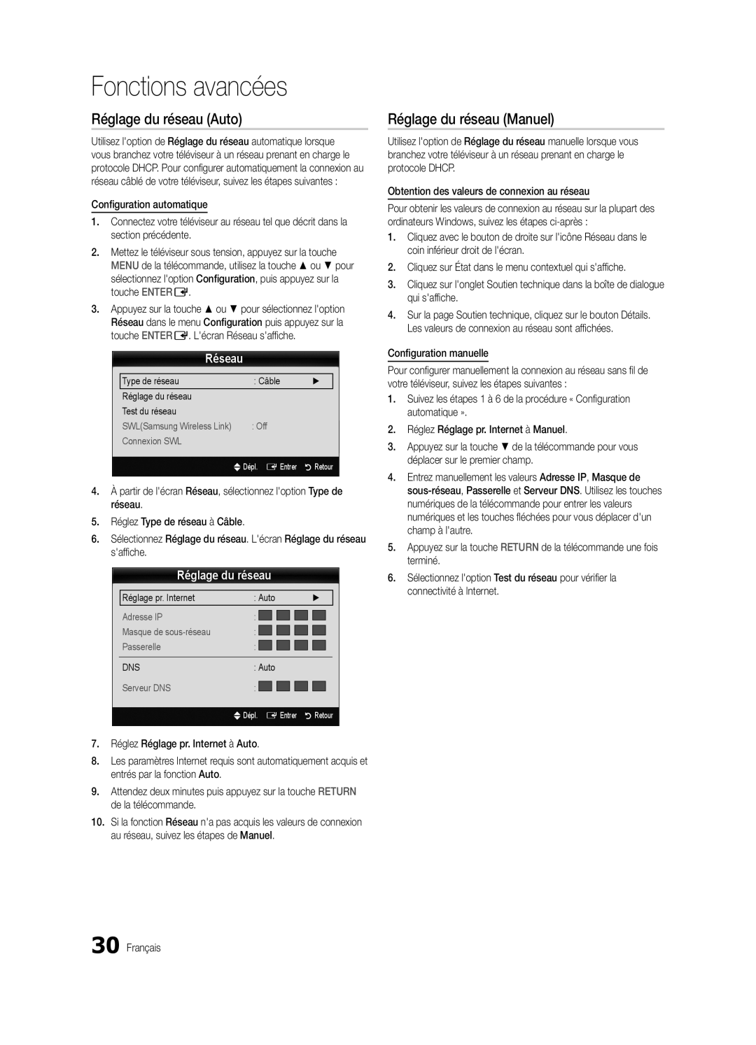 Samsung PN63C7000, PN58C7000, PN50C7000 user manual Réglage du réseau Auto, Réglage du réseau Manuel, Réseau 