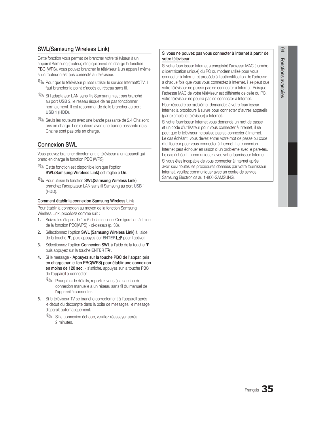 Samsung PN50C7000, PN63C7000, PN58C7000 user manual SWLSamsung Wireless Link, Connexion SWL 