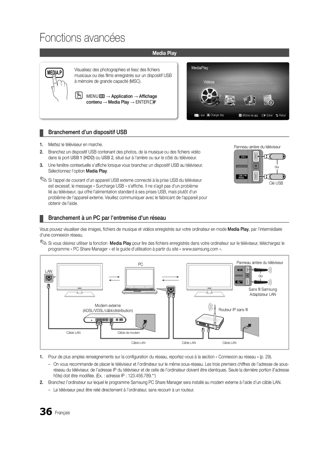 Samsung PN63C7000, PN58C7000, PN50C7000 Branchement d’un dispositif USB, Branchement à un PC par lentremise dun réseau 