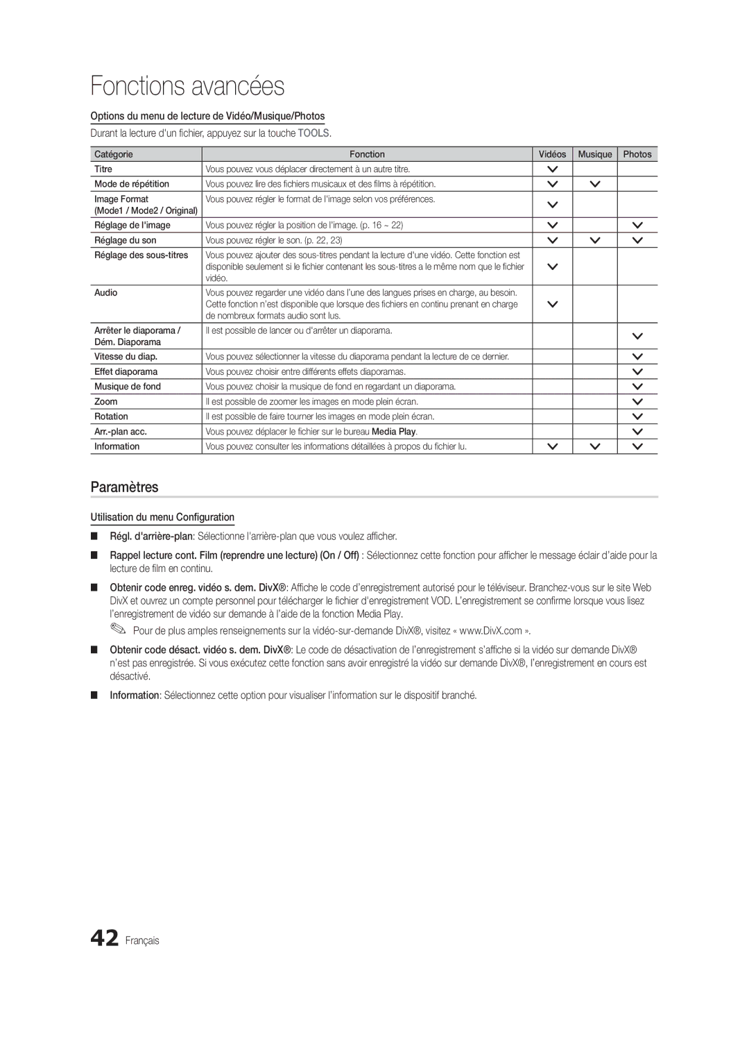 Samsung PN63C7000, PN58C7000, PN50C7000 user manual Paramètres, Lecture de film en continu, Désactivé, Vidéo Audio 