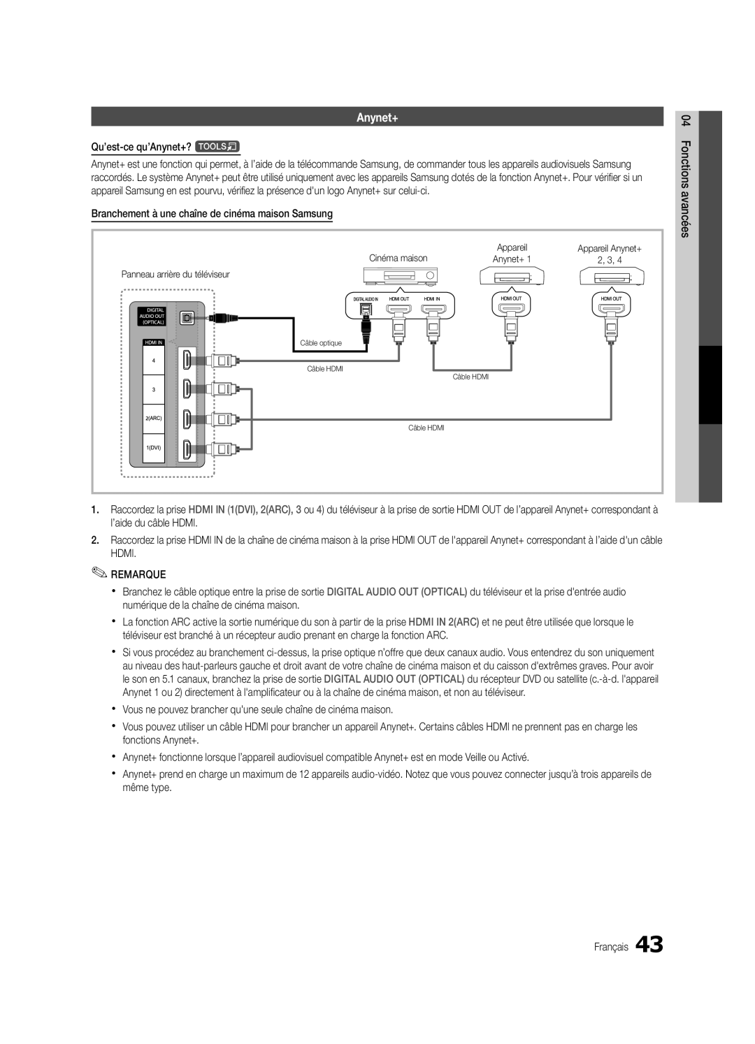 Samsung PN58C7000, PN63C7000 Qu’est-ce qu’Anynet+? t, Branchement à une chaîne de cinéma maison Samsung, Cinéma maison 