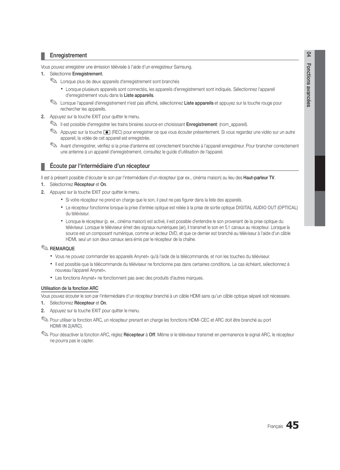 Samsung PN63C7000, PN58C7000, PN50C7000 user manual Enregistrement, Écoute par lintermédiaire dun récepteur 