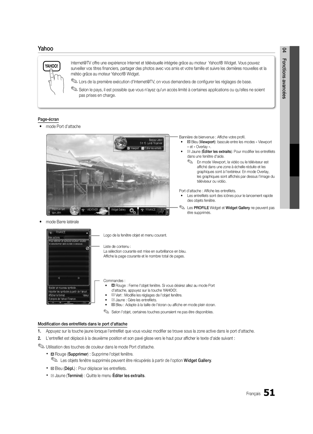 Samsung PN63C7000, PN58C7000 Mode Port dattache, Mode Barre latérale, Modification des entrefilets dans le port dattache 