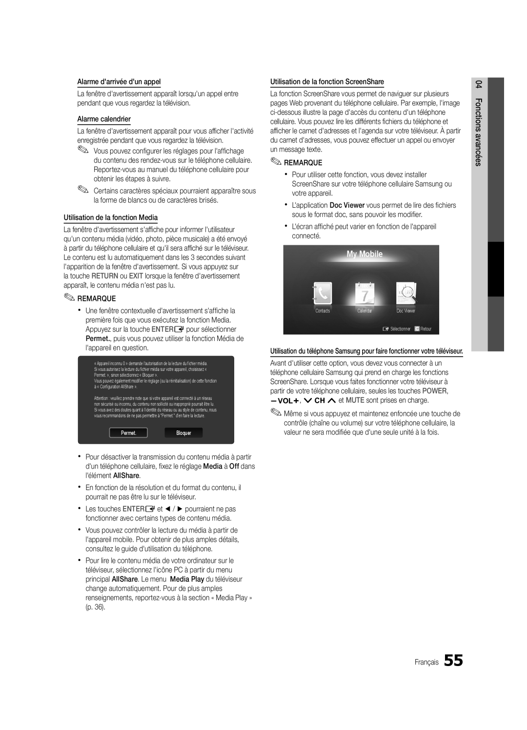 Samsung PN58C7000, PN63C7000, PN50C7000 Alarme darrivée dun appel, Alarme calendrier, Utilisation de la fonction Media 